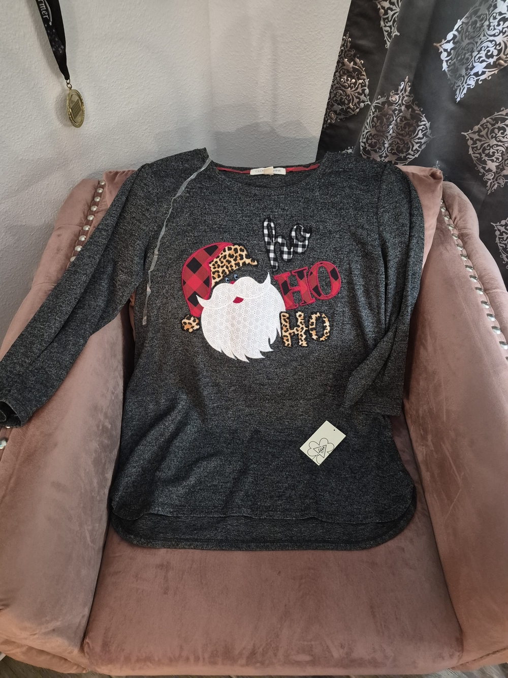Charcoal Holiday Santa Pullover Top with Festive Prints